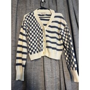 Sincerely Jules Women's Cardigan Sweater Size L Checkered‎ Striped Knit